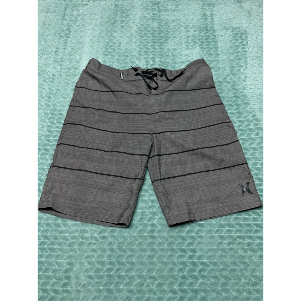Hurley Mens Board Shorts Size 28 Grey Black Striped Swim Trunks Surfwear